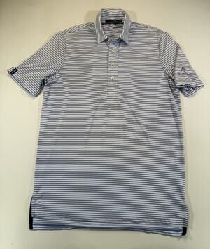 RLX Ralph Lauren Golf Polo Shirt Medium Blue White Stripe Quail Creek Stretch